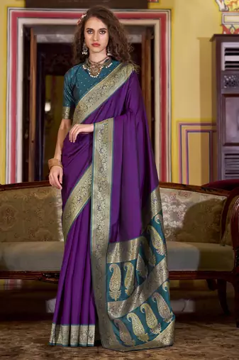 purple soft silk blend woven saree with unstitched blouse piece