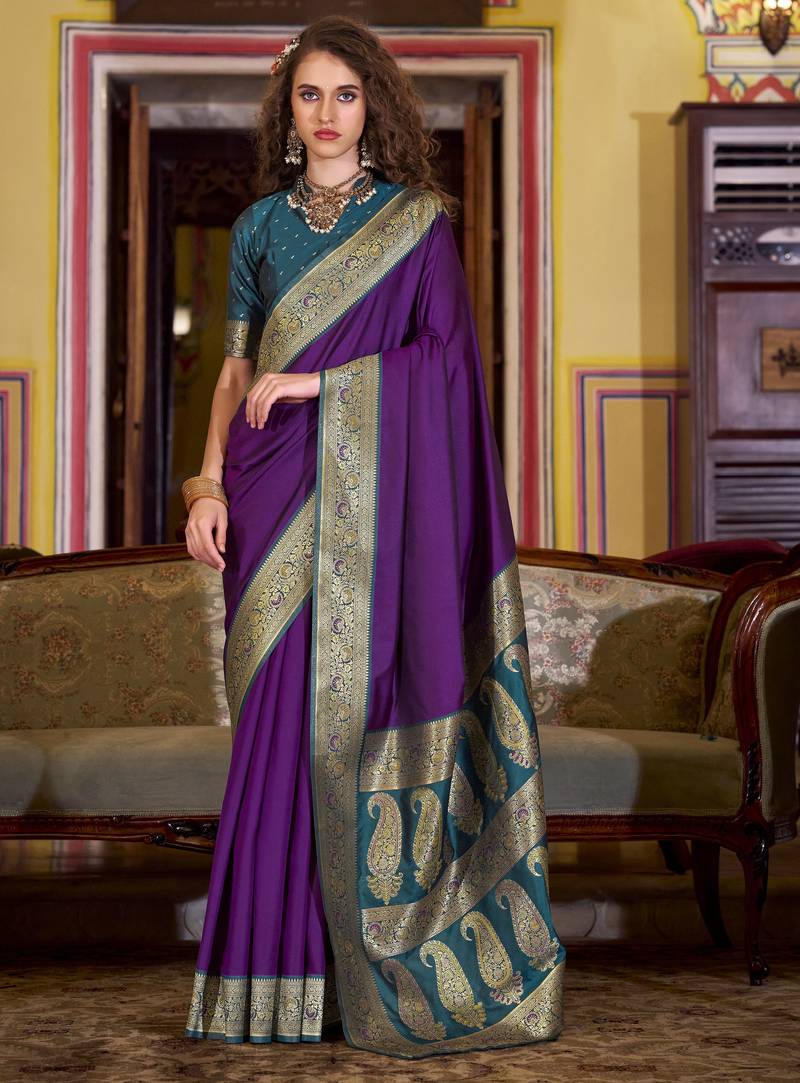 purple soft silk blend woven saree with unstitched blouse piece