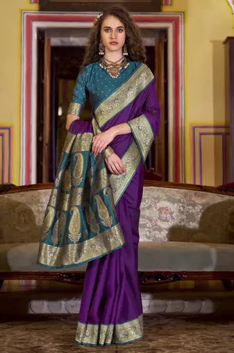 purple soft silk blend woven saree with unstitched blouse piece