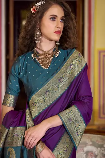 purple soft silk blend woven saree with unstitched blouse piece