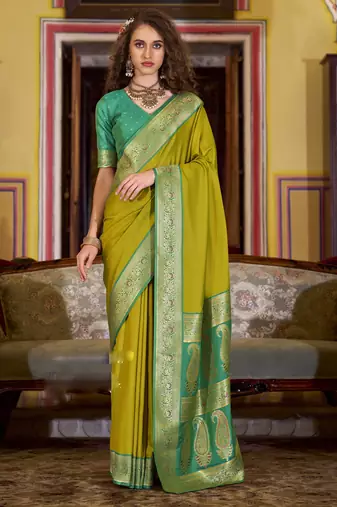 neon soft silk blend woven saree with unstitched blouse piece