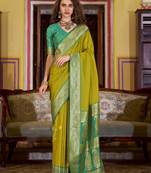 neon soft silk blend woven saree with unstitched blouse piece