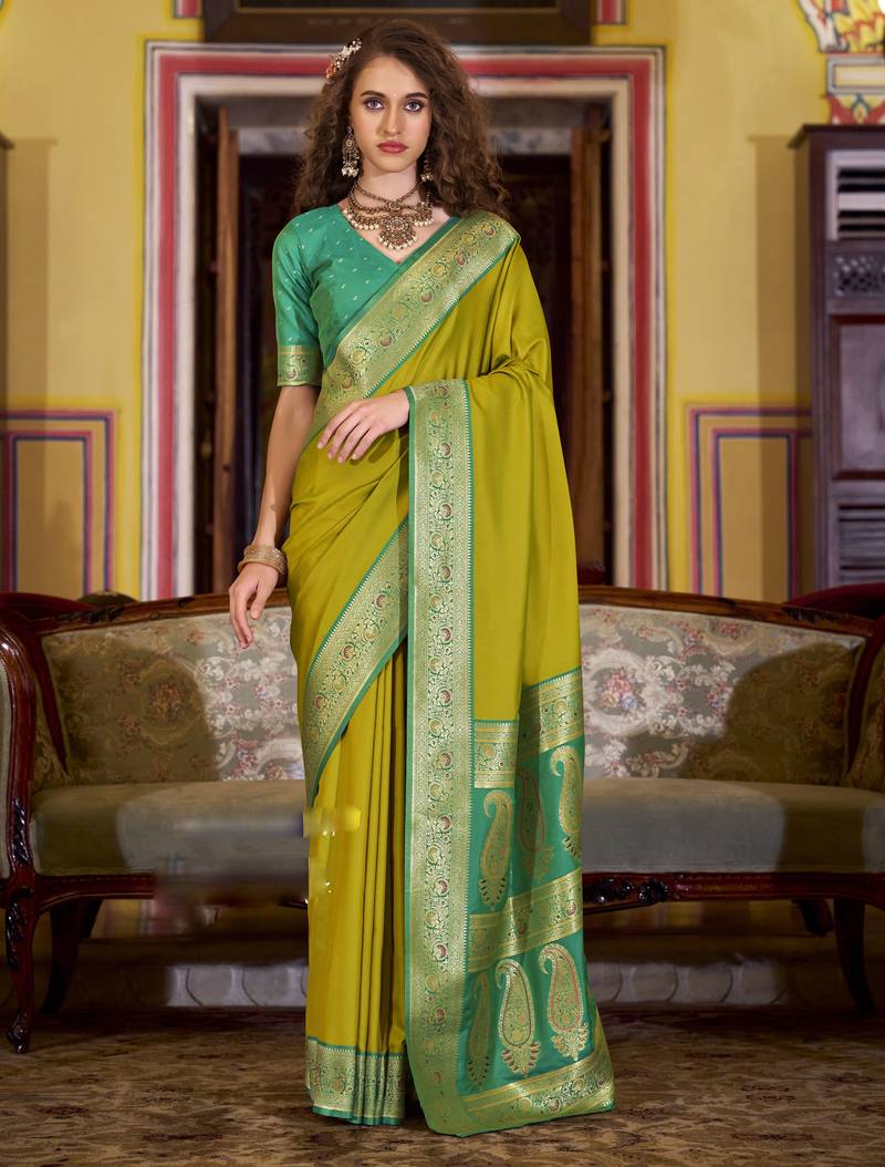 neon soft silk blend woven saree with unstitched blouse piece