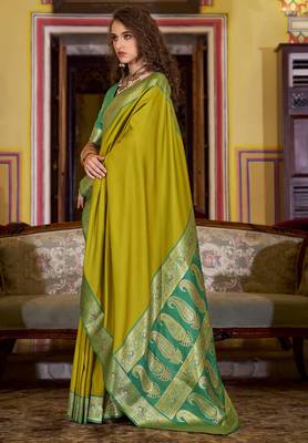 neon soft silk blend woven saree with unstitched blouse piece 2