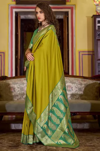 neon soft silk blend woven saree with unstitched blouse piece