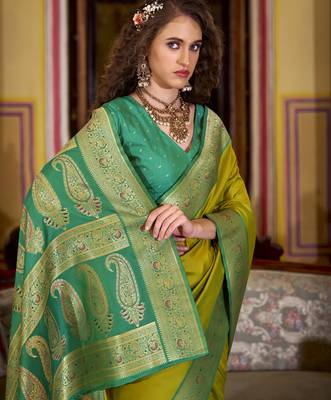 neon soft silk blend woven saree with unstitched blouse piece 3