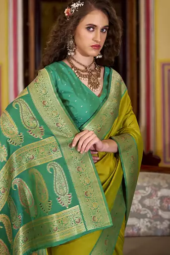 neon soft silk blend woven saree with unstitched blouse piece