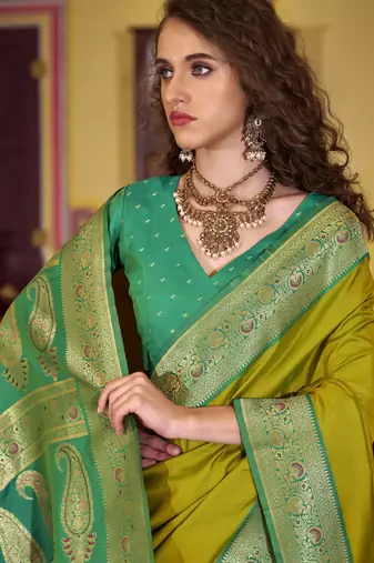 neon soft silk blend woven saree with unstitched blouse piece