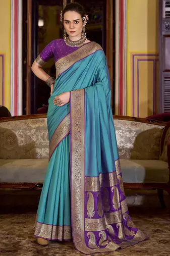 blue soft silk blend woven saree with unstitched blouse piece