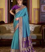 blue soft silk blend woven saree with unstitched blouse piece