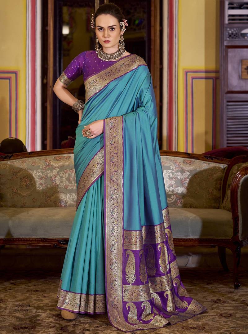 blue soft silk blend woven saree with unstitched blouse piece