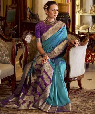 blue soft silk blend woven saree with unstitched blouse piece 2
