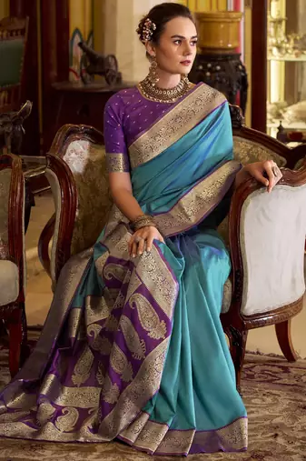 blue soft silk blend woven saree with unstitched blouse piece