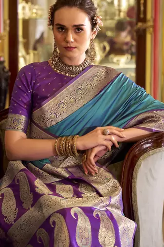 blue soft silk blend woven saree with unstitched blouse piece