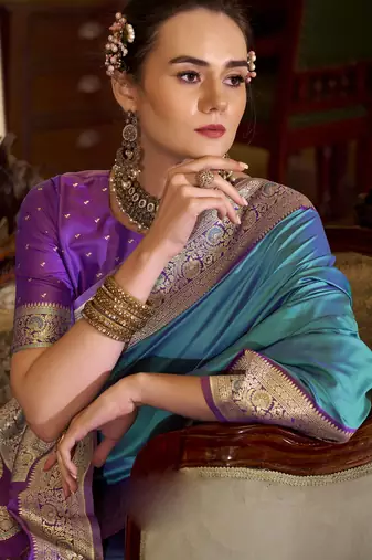 blue soft silk blend woven saree with unstitched blouse piece