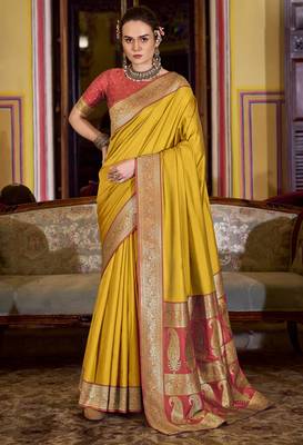 yellow soft silk blend woven saree with unstitched blouse piece 1