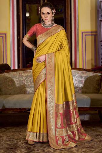 yellow soft silk blend woven saree with unstitched blouse piece