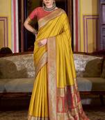 yellow soft silk blend woven saree with unstitched blouse piece