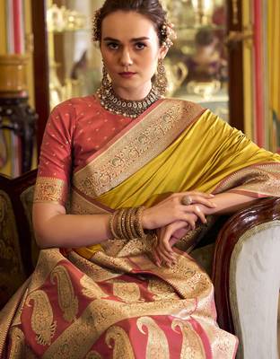 yellow soft silk blend woven saree with unstitched blouse piece 2