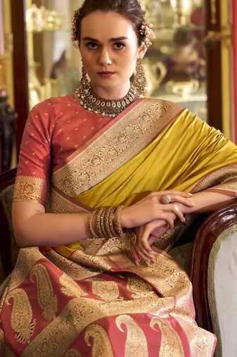yellow soft silk blend woven saree with unstitched blouse piece