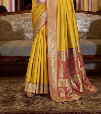 yellow soft silk blend woven saree with unstitched blouse piece 3