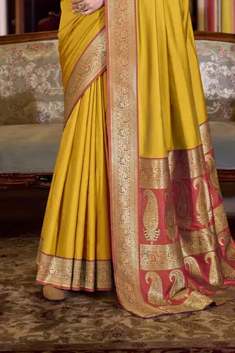 yellow soft silk blend woven saree with unstitched blouse piece