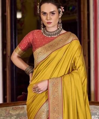 yellow soft silk blend woven saree with unstitched blouse piece 4