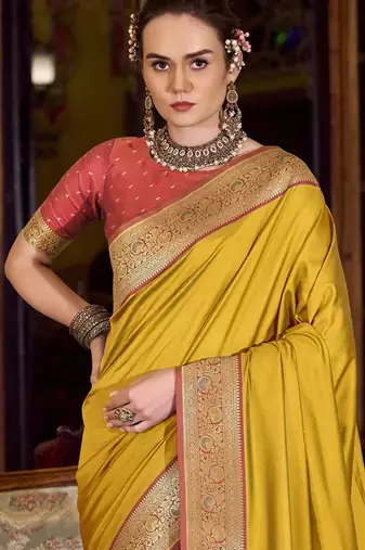 yellow soft silk blend woven saree with unstitched blouse piece