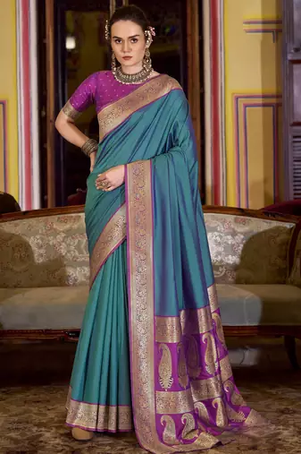 teal soft silk blend woven saree with unstitched blouse piece