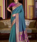 teal soft silk blend woven saree with unstitched blouse piece