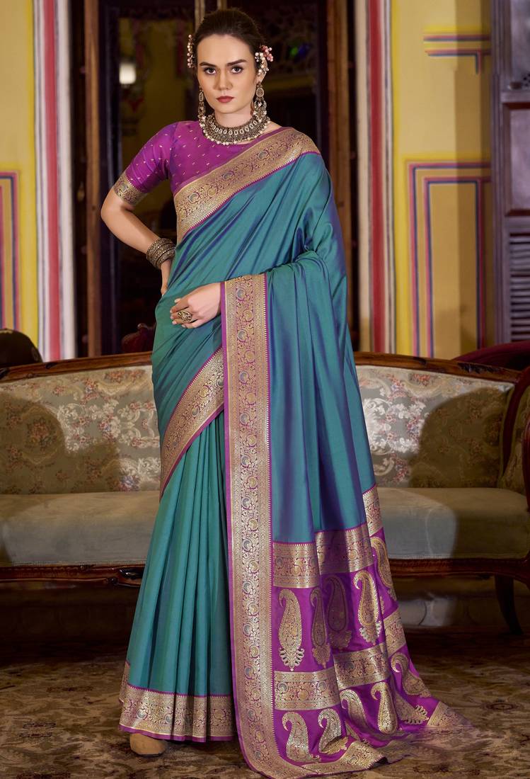 teal soft silk blend woven saree with unstitched blouse piece