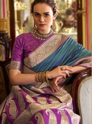 teal soft silk blend woven saree with unstitched blouse piece 2