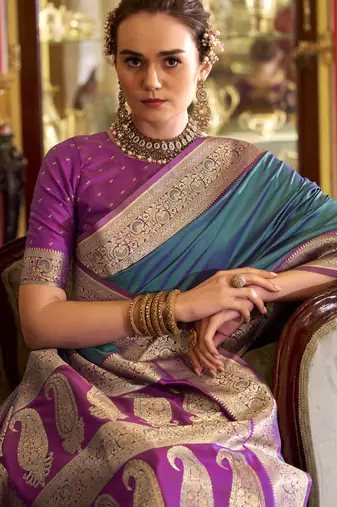 teal soft silk blend woven saree with unstitched blouse piece