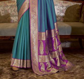 teal soft silk blend woven saree with unstitched blouse piece 3