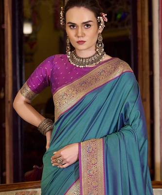 teal soft silk blend woven saree with unstitched blouse piece 4
