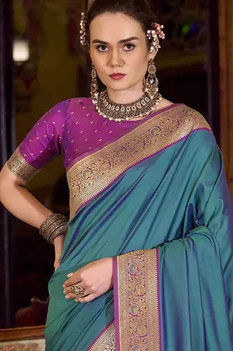 teal soft silk blend woven saree with unstitched blouse piece