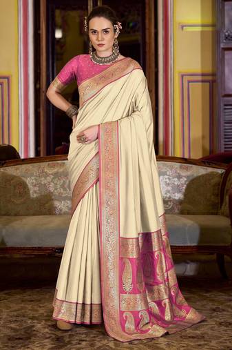 beige soft silk blend woven saree with unstitched blouse piece