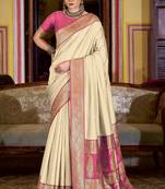 beige soft silk blend woven saree with unstitched blouse piece