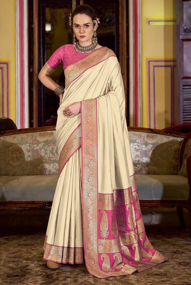 beige soft silk blend woven saree with unstitched blouse piece