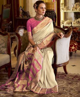 beige soft silk blend woven saree with unstitched blouse piece 2