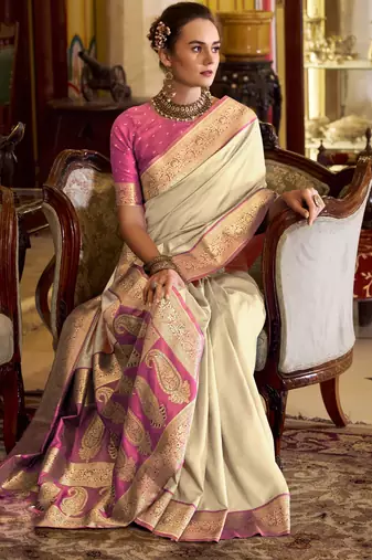 beige soft silk blend woven saree with unstitched blouse piece