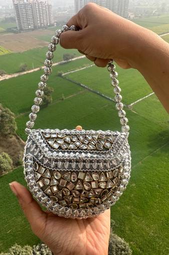 Riwaz kundan mini clutch bag silver