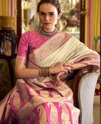 beige soft silk blend woven saree with unstitched blouse piece 3