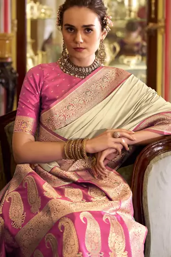 beige soft silk blend woven saree with unstitched blouse piece