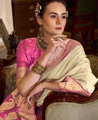 beige soft silk blend woven saree with unstitched blouse piece 4