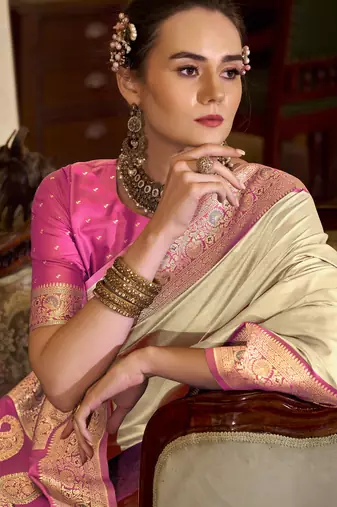 beige soft silk blend woven saree with unstitched blouse piece