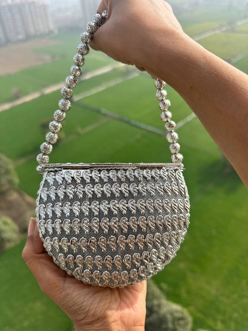 Riwaz kundan mini clutch bag silver