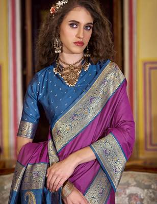 beige soft silk blend woven saree with unstitched blouse piece 2