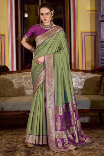 olive soft silk blend woven saree with unstitched blouse piece