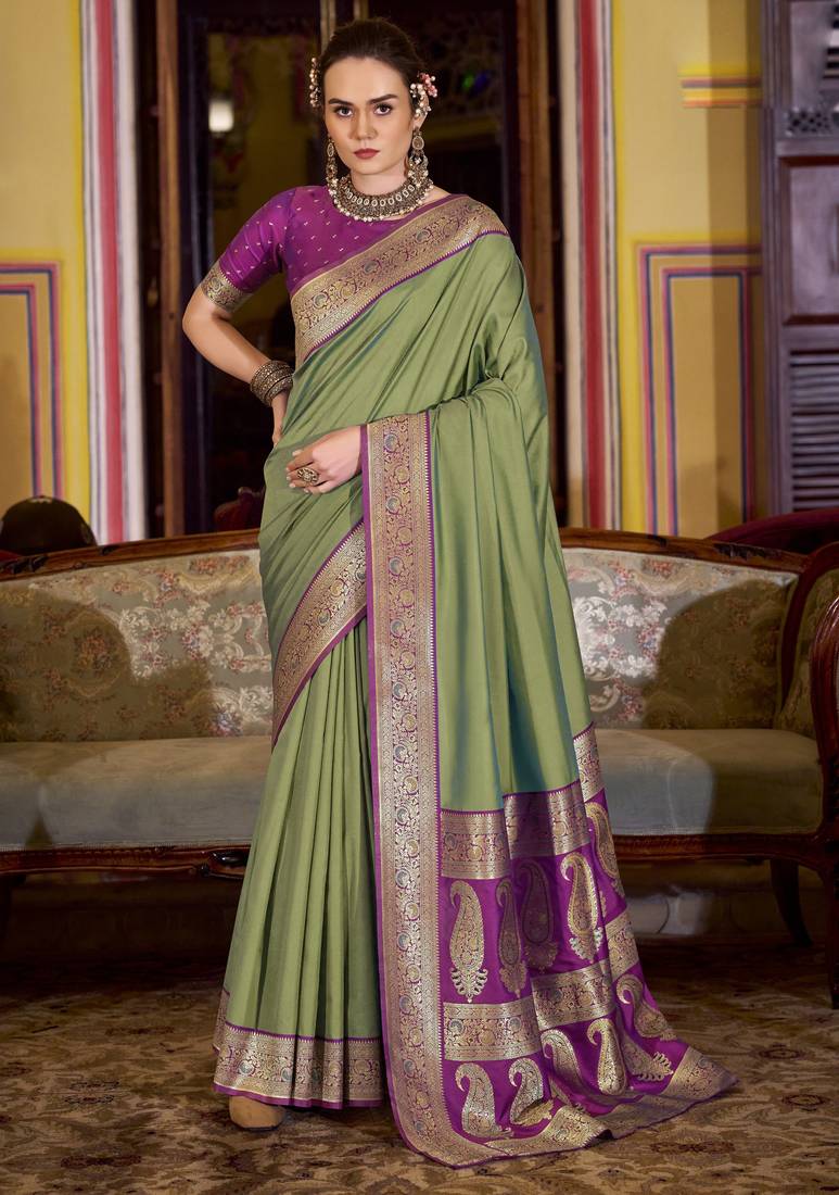olive soft silk blend woven saree with unstitched blouse piece